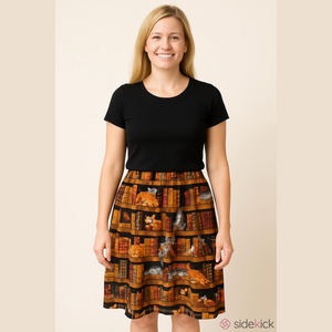 Retrolicious Cats on Bookshelf A-Line Skirt in Brown and Red 2X NWT